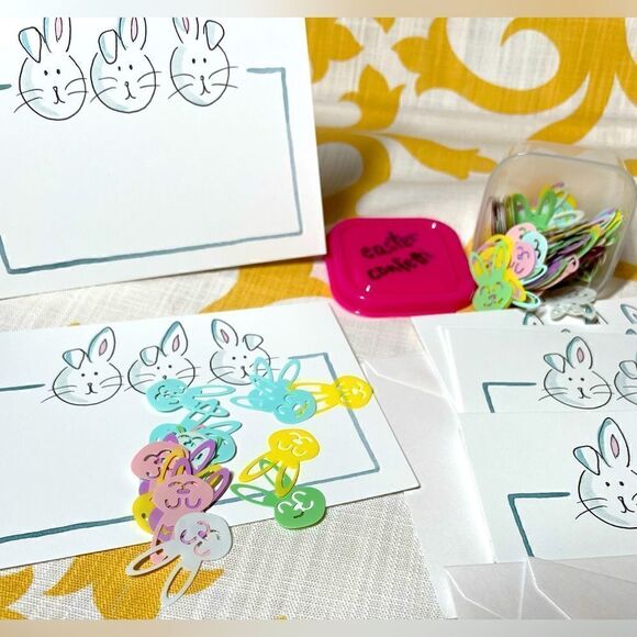 10+ NEW Easter Bunny Blank Notecard Set BONUS Pastel Easter Bunny Confetti - Picture 1 of 10